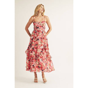 Berry Floral Bustier Midi Dress