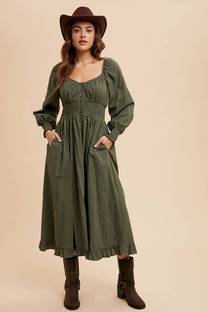 Gather Cotton Button Down Midi Dress