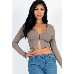 Lettuce Edge Lace Trim Long Sleeve Rib Knit Crop Top