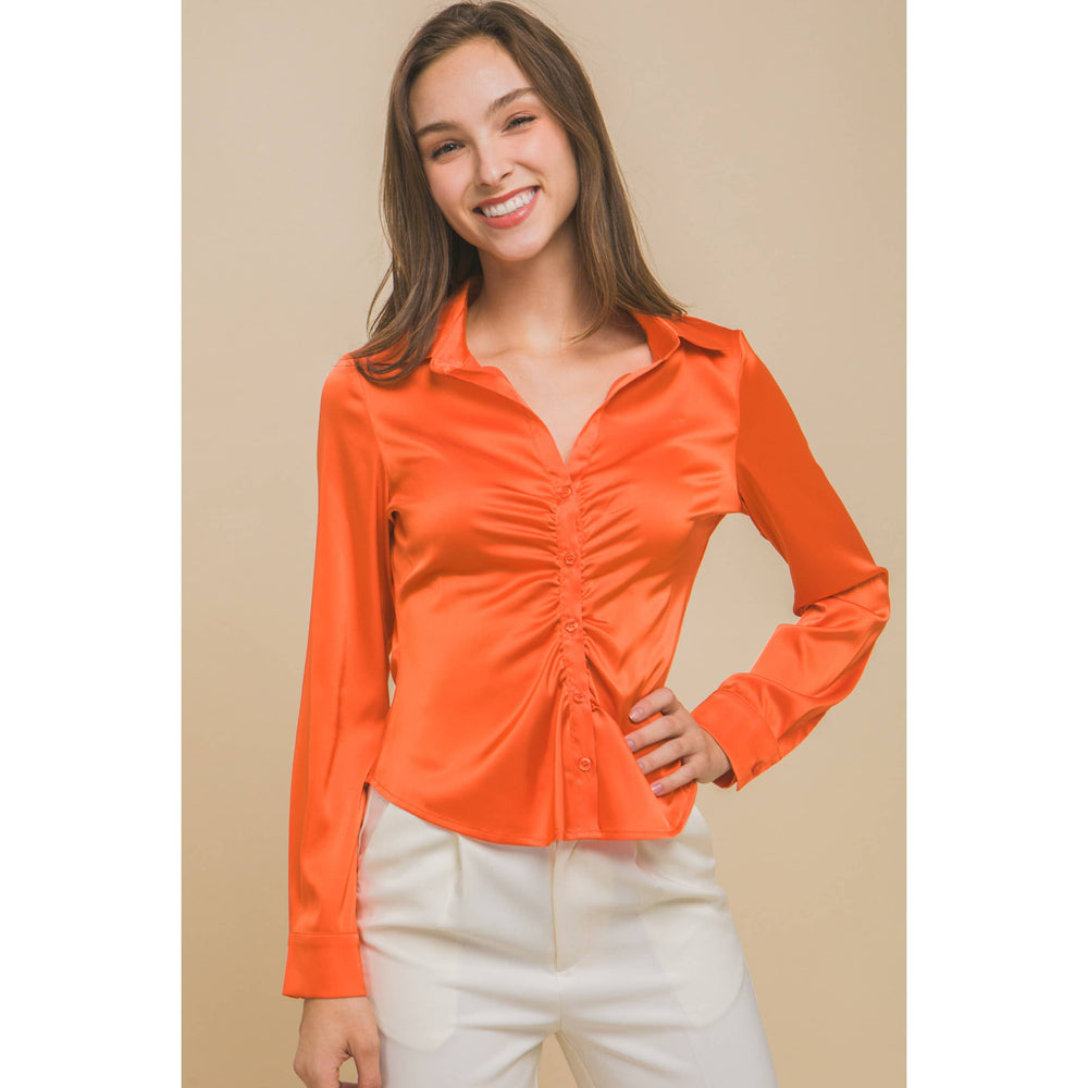 Satin Long Sleeve Button Down Ruched Blouse Top