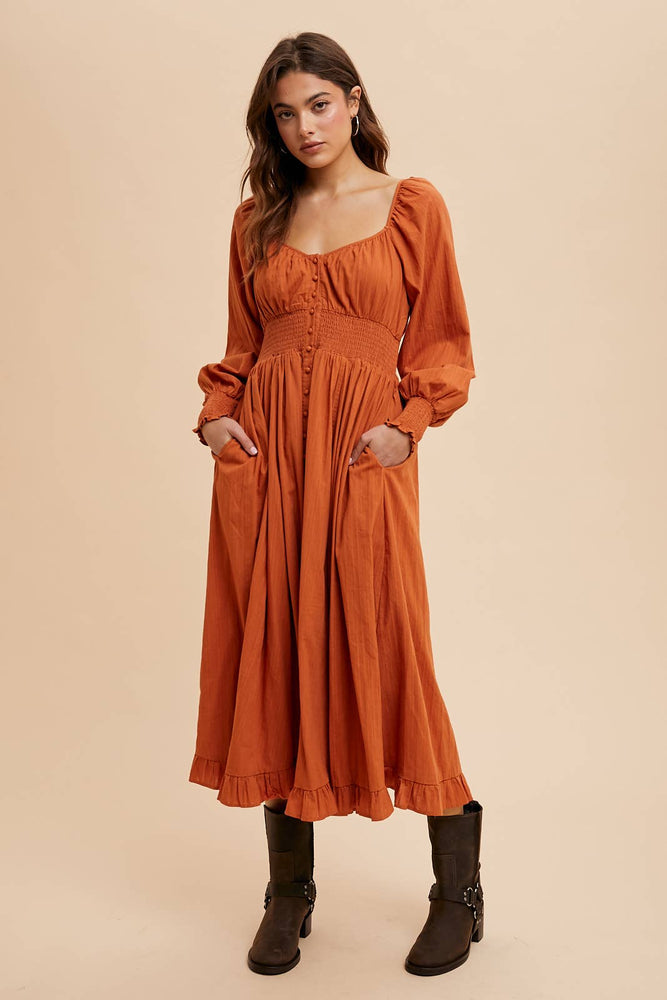 Gather Cotton Button Down Midi Dress