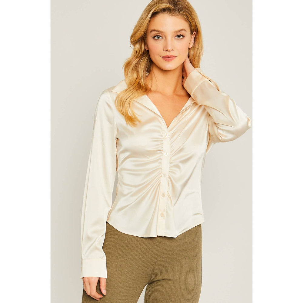 Satin Long Sleeve Button Down Ruched Blouse Top