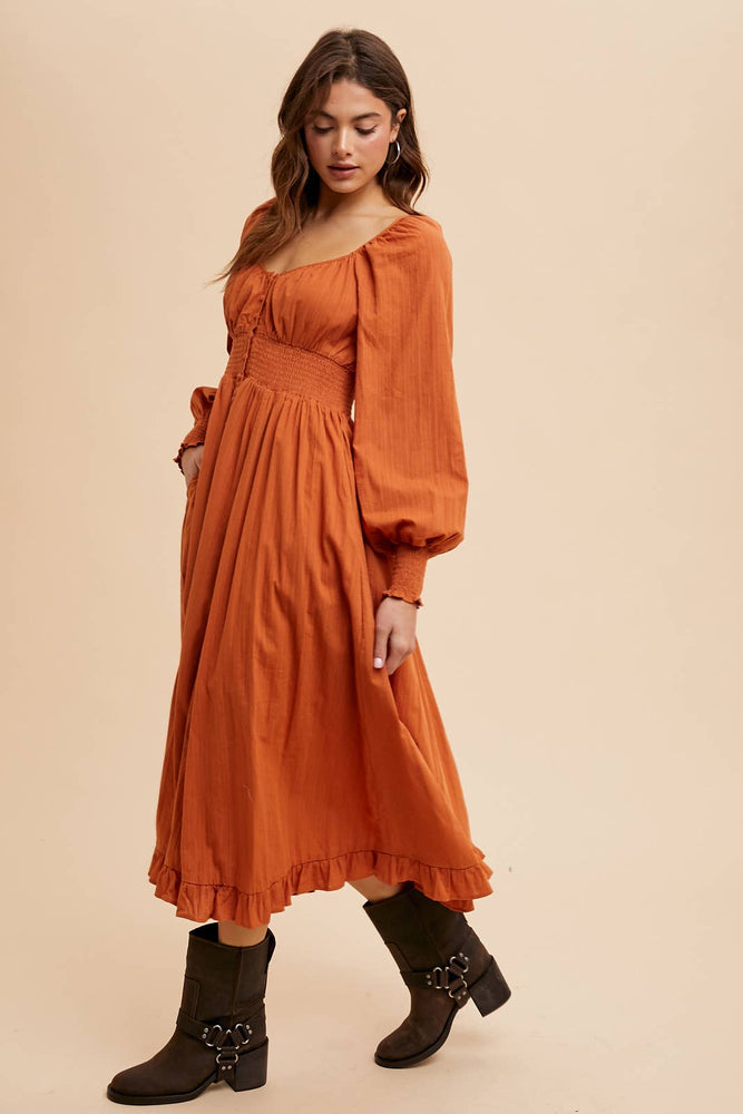 Gather Cotton Button Down Midi Dress