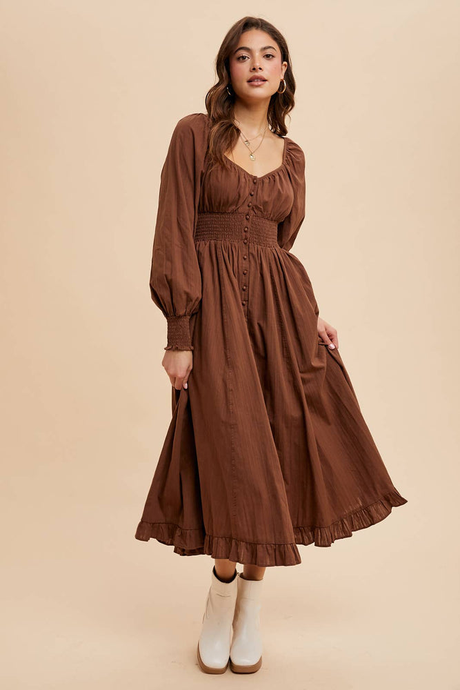 Gather Cotton Button Down Midi Dress