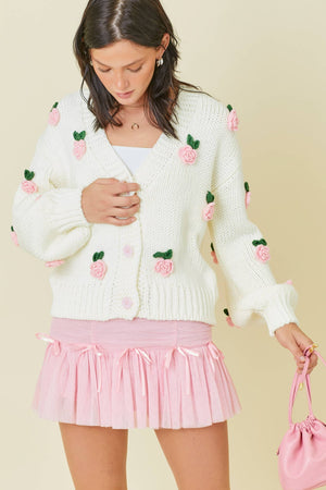 Bouquet of Roses Appliqué Cardigan Sweater