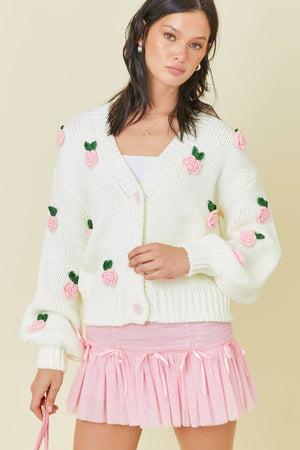 Bouquet of Roses Appliqué Cardigan Sweater